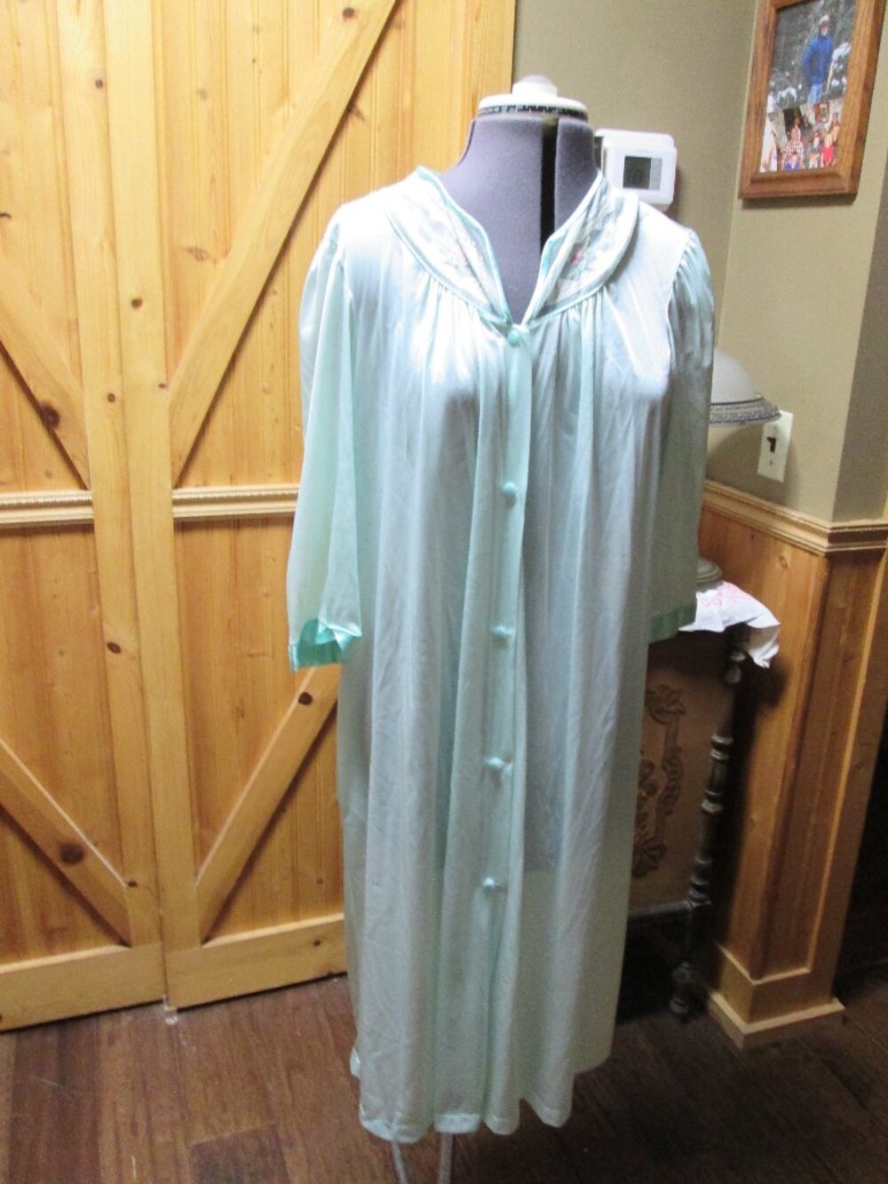 vtg 60s Sears silky lace bodice neckline button front robe loungewear med 36